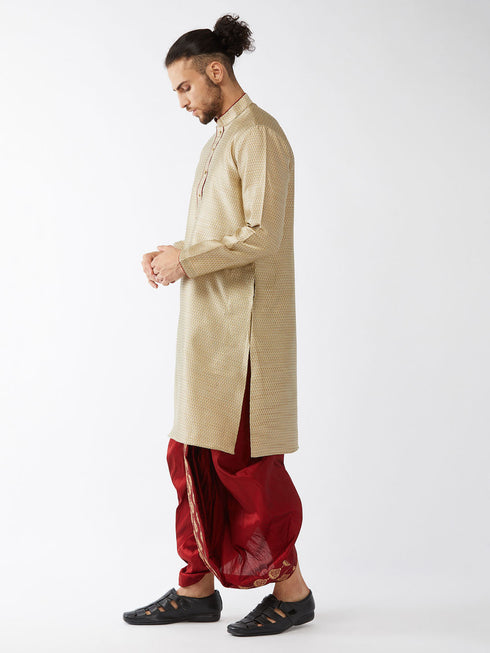 Vastramay Men's Beige And Maroon Silk Blend Kurta And Dhoti Set